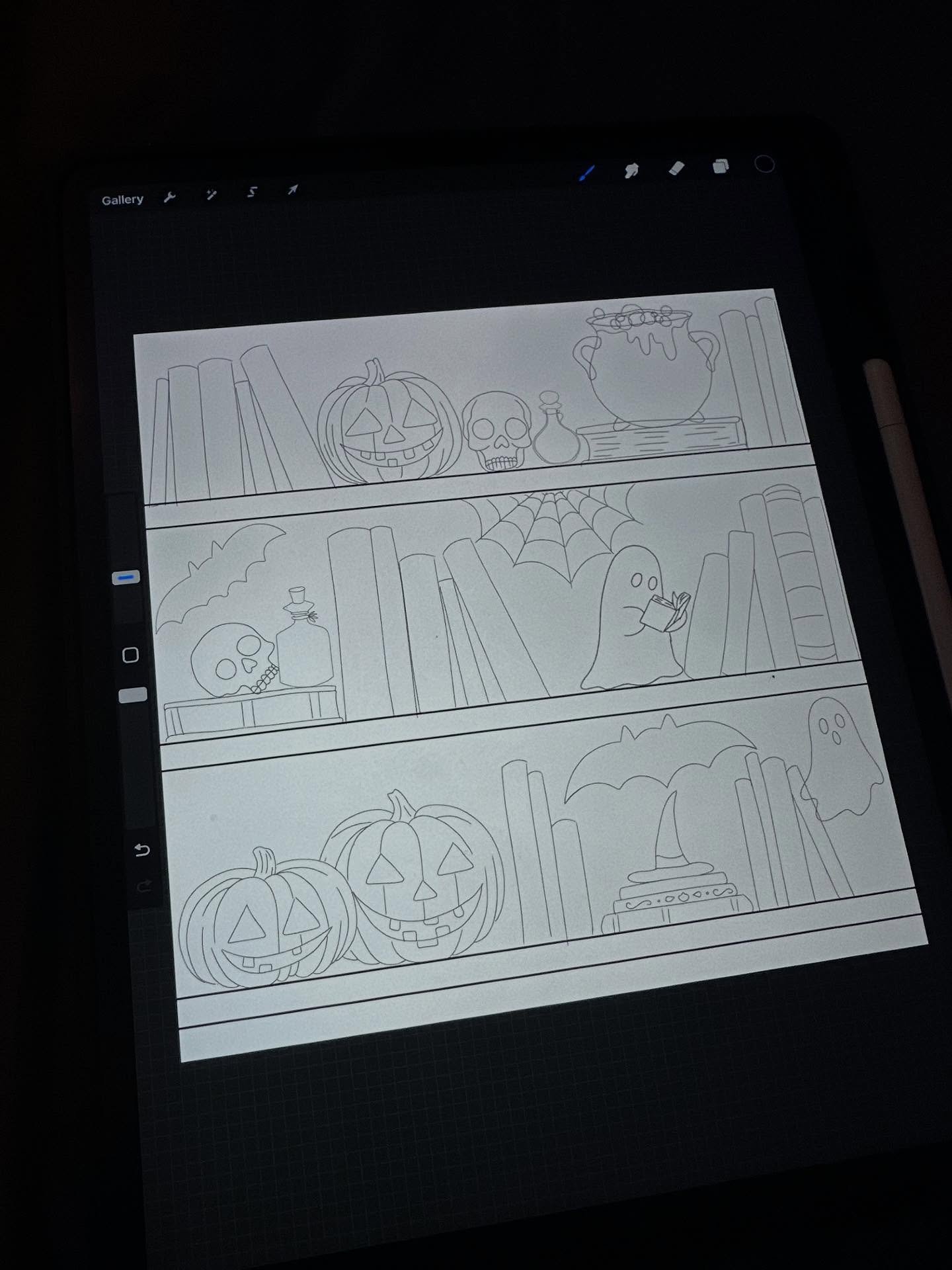 🎃👻✨ I&rsquo;m SO excited for this one!! ✨👻🎃
This little spooky bookshelf scene has been brewing in my brain for a while and I finally got it sketched out 🖤🕸️

I can already picture this one with warm oranges, deep purples, and spooky greens &md