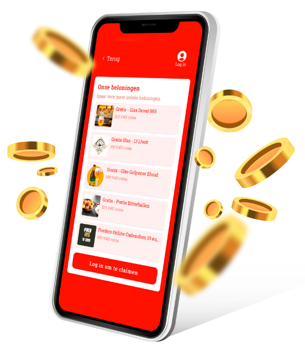 A smartphone displaying a rewards or loyalty app with various free offers and coupons, surrounded by scattered gold coins.