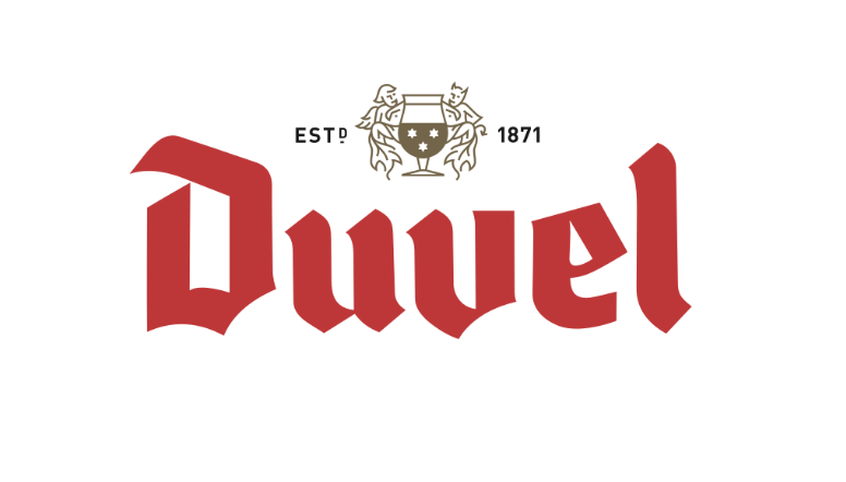 The Duvel beer logo featuring the word 'Duvel' in red, a crest with a goblet, and the years EST 1871.