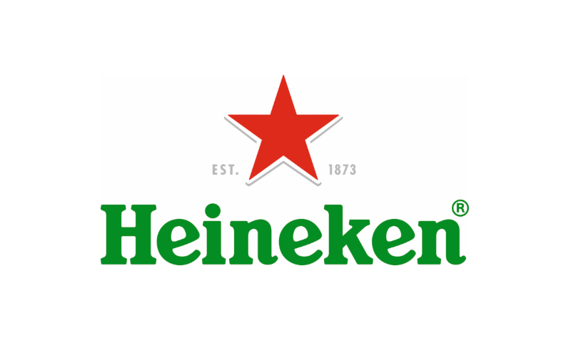 Heineken logo with a red star, green text, and est. 1873.