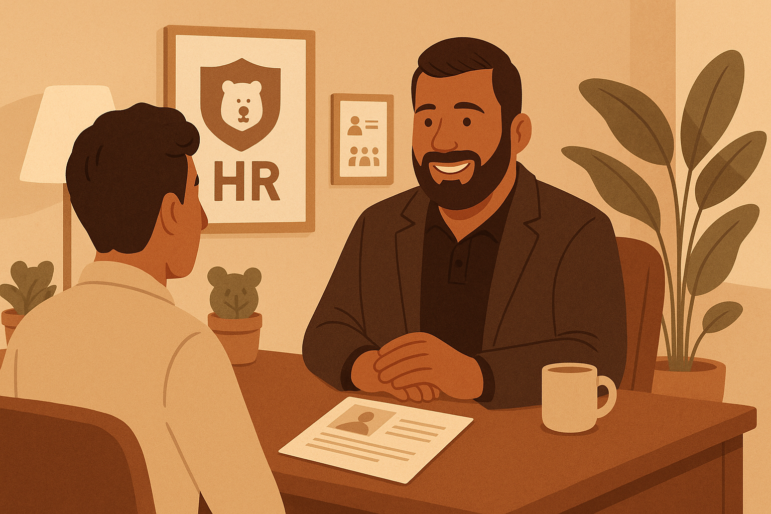 A man and a woman having a conversation at an HR office. The man is smiling, sitting at a wooden desk with a paper and a mug. The background features HR posters, potted plants, and warm lighting.