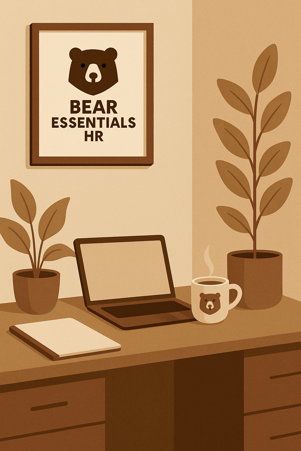 A cozy workspace with a wooden desk, two potted plants, a laptop, a notebook, and a coffee mug with a bear face, set against a beige wall with a framed bear-themed sign that reads "BEAR ESSENTIALS HR."