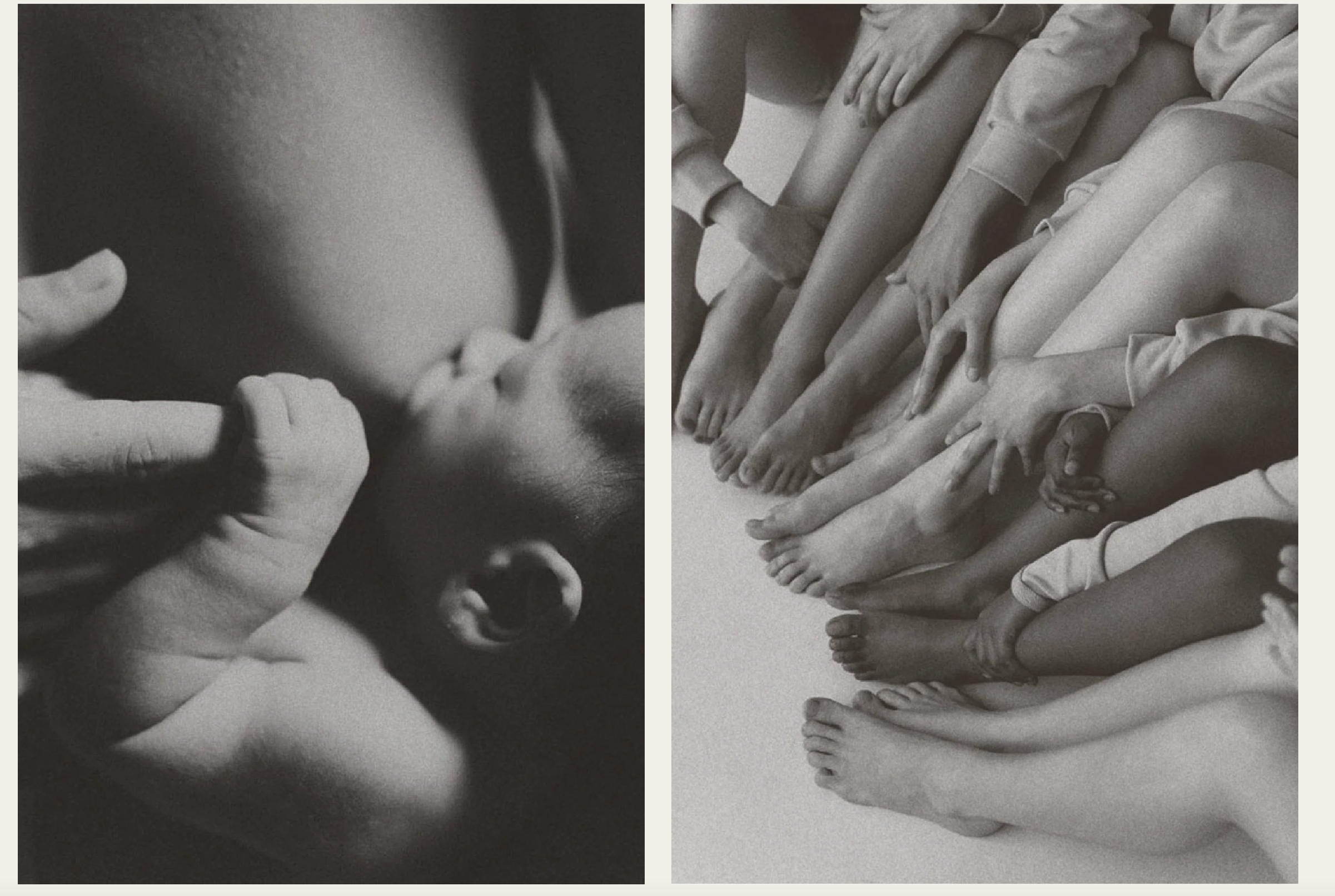 Two panels showing a baby kissing a person's lips on the left and a line of people with hands on each other's shoulders on the right, all in black and white.