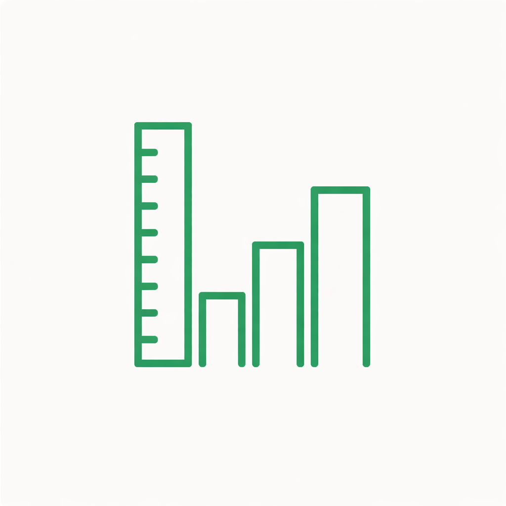 A simple line drawing of a green ruler and four bar graphs on a white background.