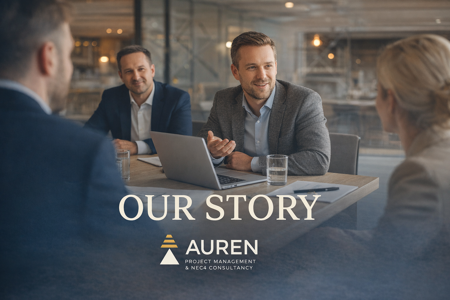 Business meeting with four people in a modern office, with a man gesturing while speaking, and the text 'Our Story' with 'Auren Project Management & NEC4 Consultancy' logo overlayed.