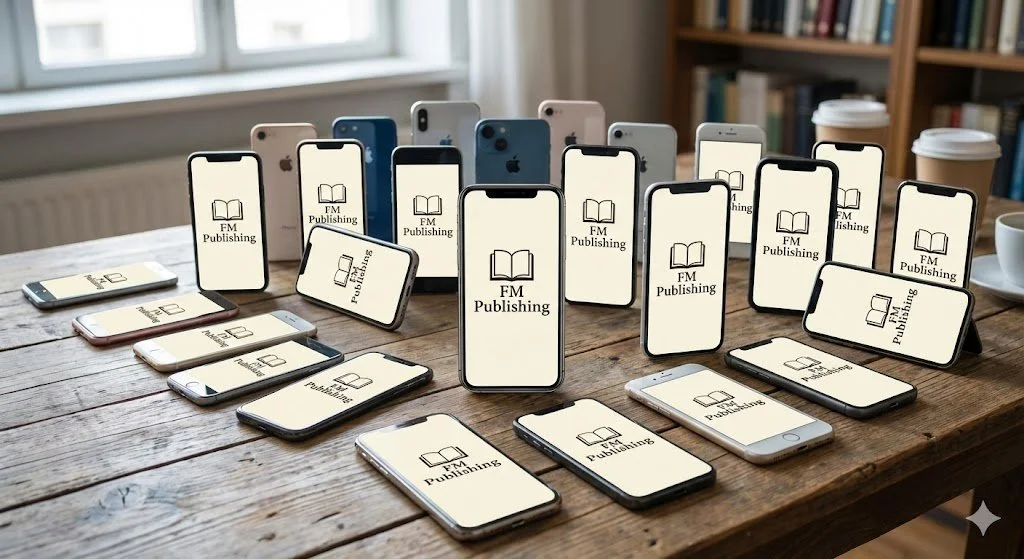 Multiple smartphones on a wooden table, all displaying the FM Publishing logo with an open book icon. In the background, there are bookshelves and a window.
