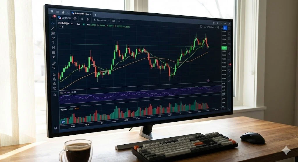 Computer monitor displaying a financial trading chart for EUR/USD currency pair, with candlestick graph, moving averages, volume bars, and technical indicators on a wooden desk.