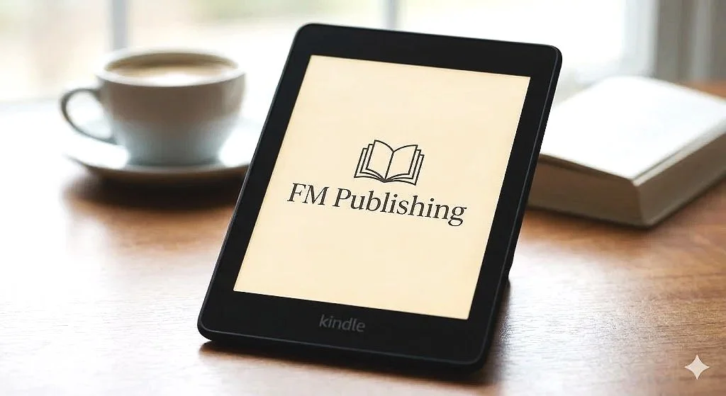 A Kindle e-reader displaying the FM Publishing logo on a wooden table, with a cup of coffee and a closed book in the background.