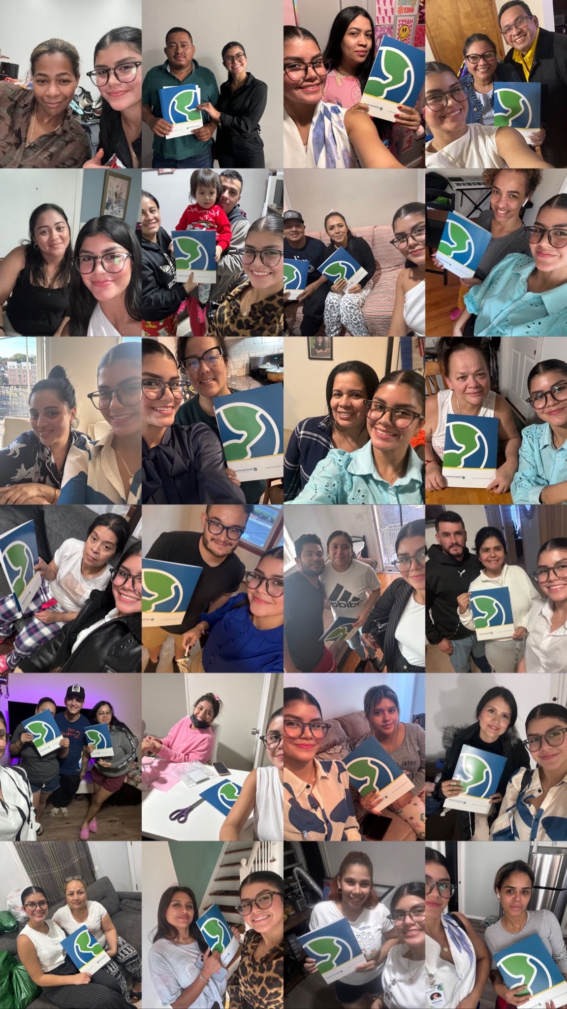 Collage de varias personas en diferentes lugares, algunas sosteniendo un cartel con un símbolo verde y azul de un globo terráqueo.