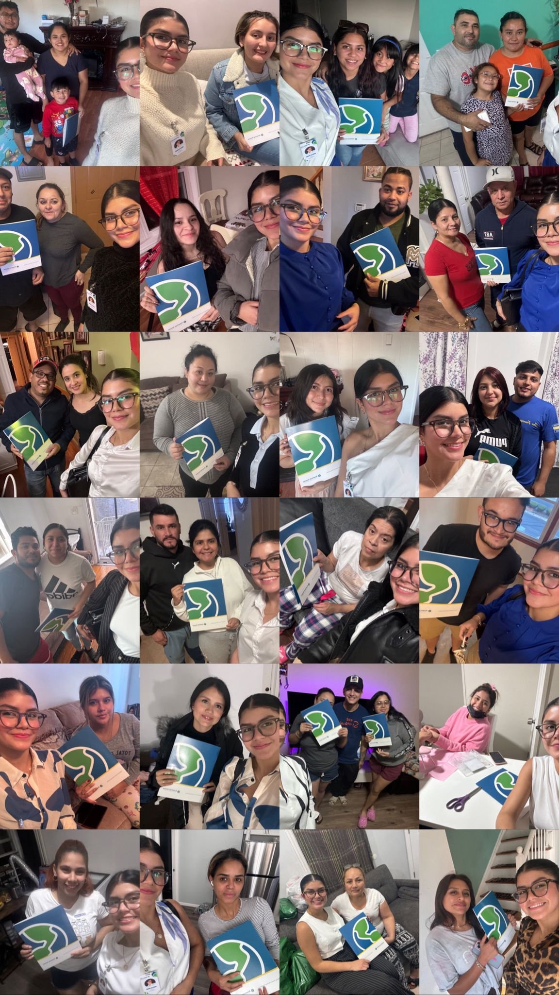 Collage de fotos de varias personas sosteniendo un cartel con un logotipo que muestra un paisaje con un río y árboles, en diferentes ambientes y con diferentes expresiones faciales.