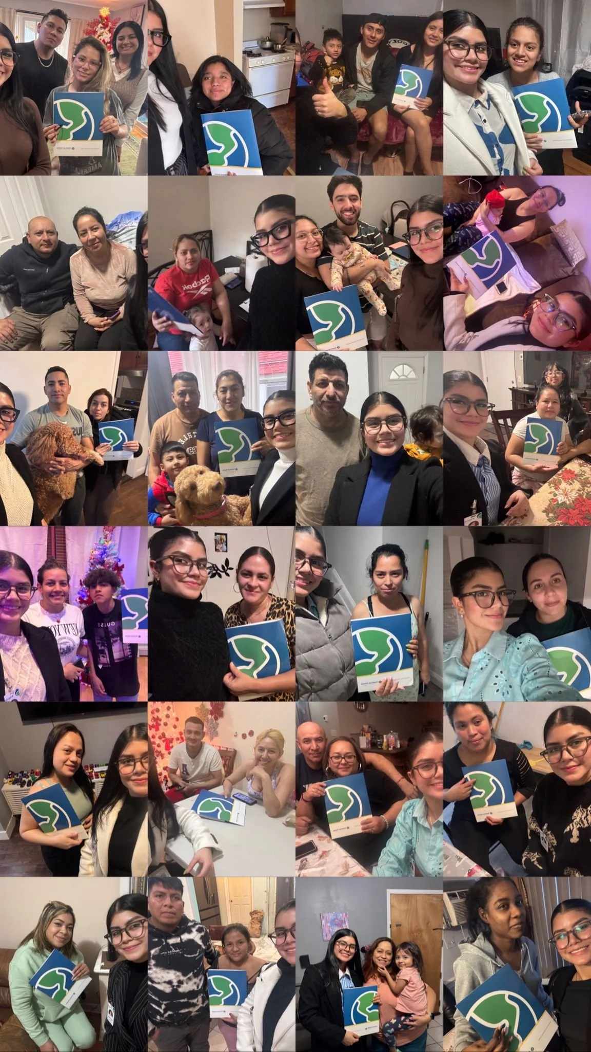 Collage de varias personas en diferentes eventos, algunas sosteniendo un folleto con un diseño de un mapa y un logo verde y azul, en ambientes caseros y sociales.