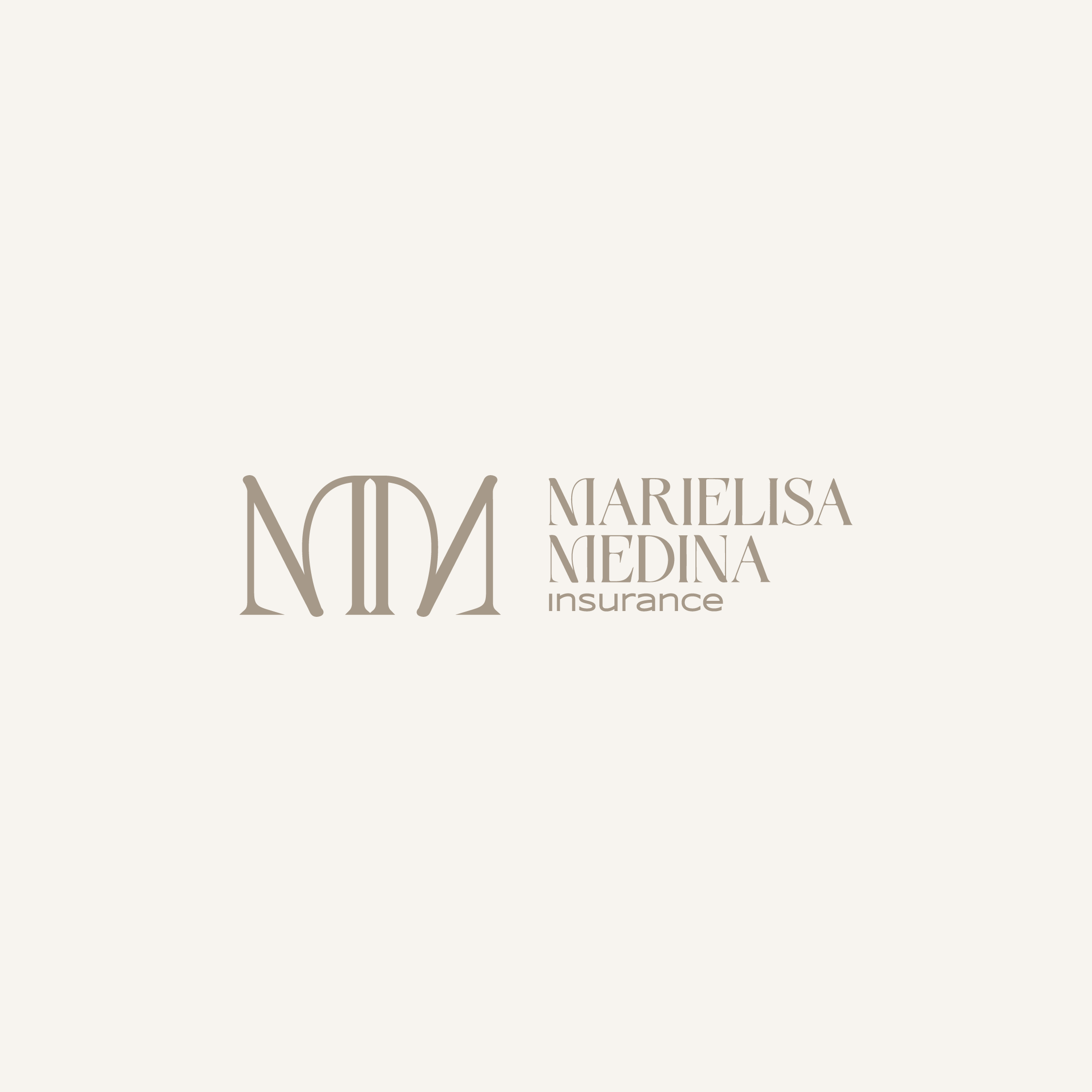 Logo de MariElisa Medina Insurance en tonos beige y gris claro en fondo blanco.