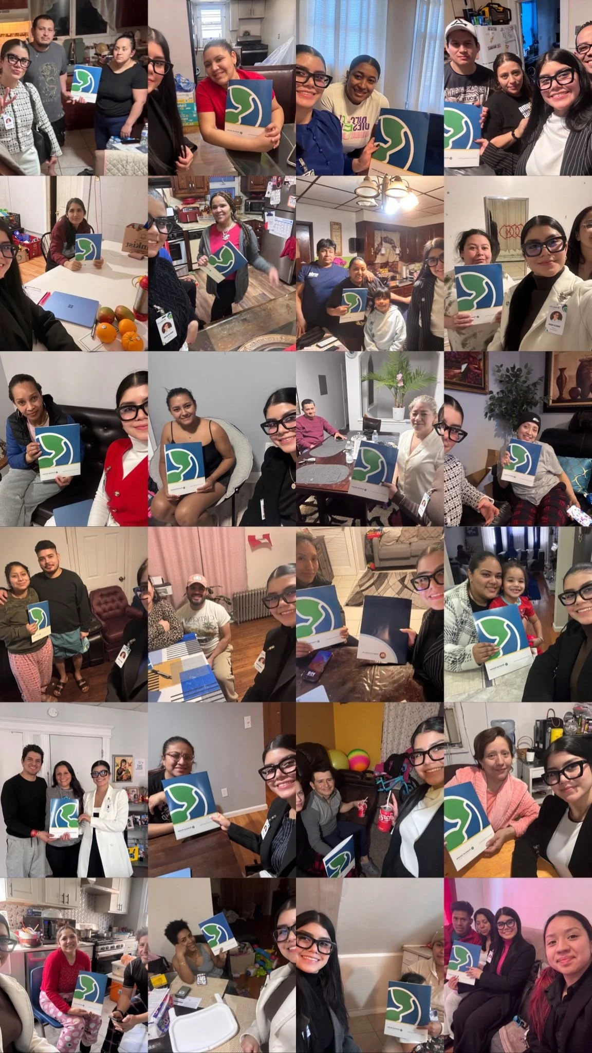 Collage de varias personas en diferentes lugares, muchas de ellas sosteniendo una caja con un logo verde, azul y blanco.