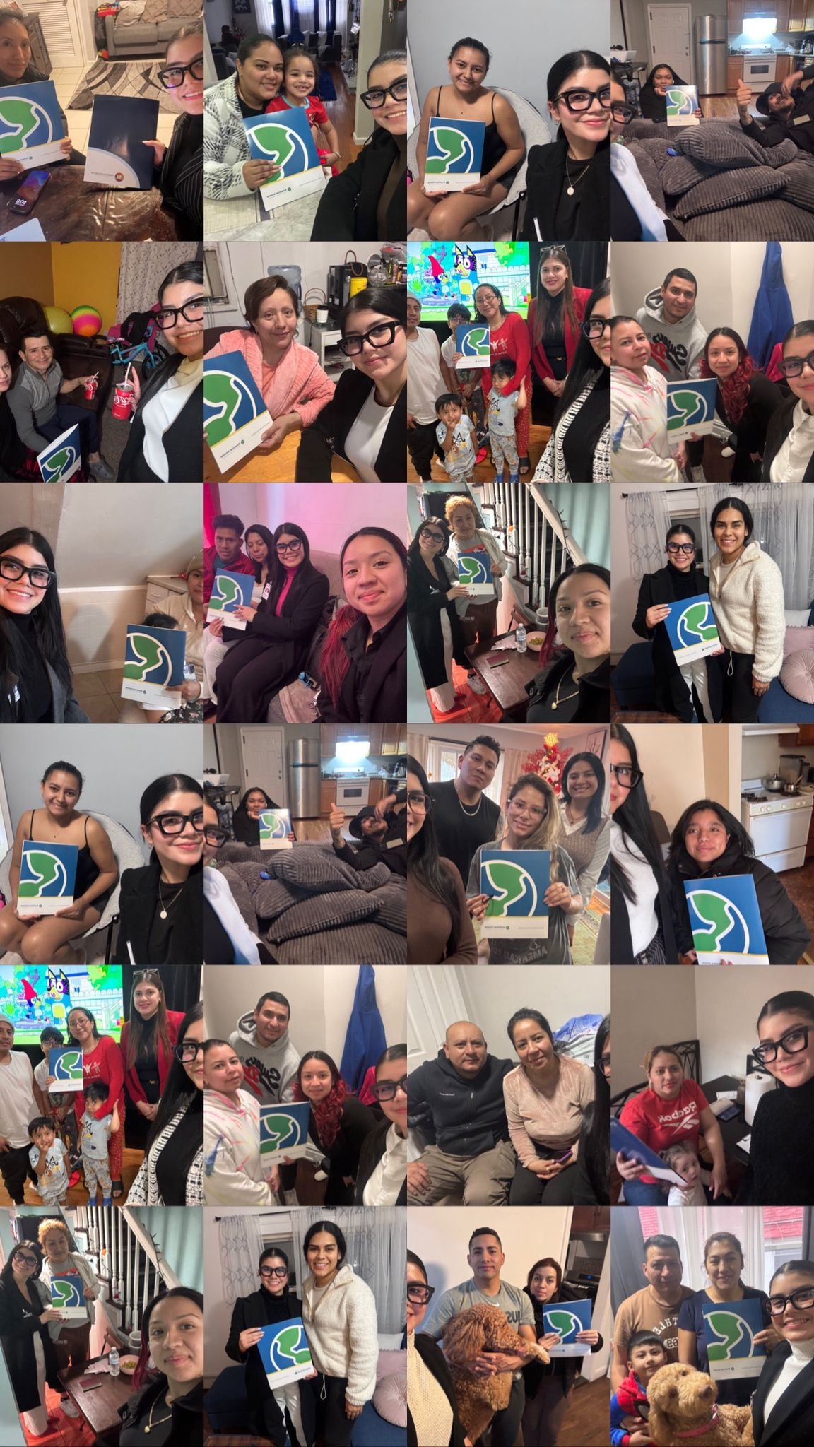 Collage de personas con certificados o material con logotipo de planeta Tierra, en diferentes entornos y momentos sociales.