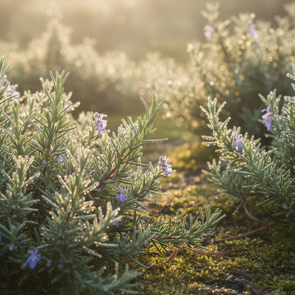 Close-up of rosemary plants with tiny purple flowers fading into a blurry background with sunlight.