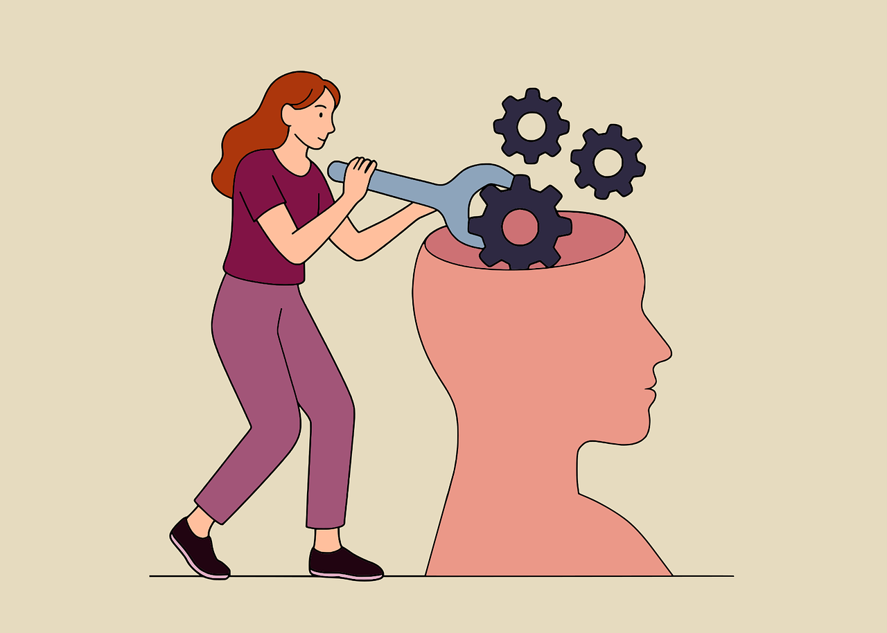 A woman turning gears inside a human head outline, symbolizing problem-solving or thinking.