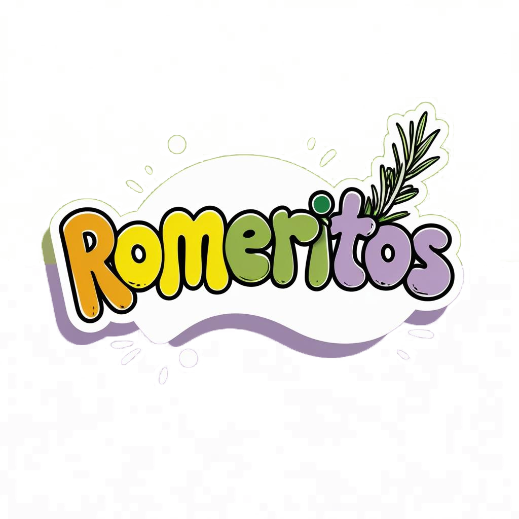 Colorful logo with the word  "Romeritos" in playful, bubble-like letters, with a sprig of rosemary above it, against a pastel green and purple background. Romeritos program for pediatric bilingual speech therapy in Madison, WI