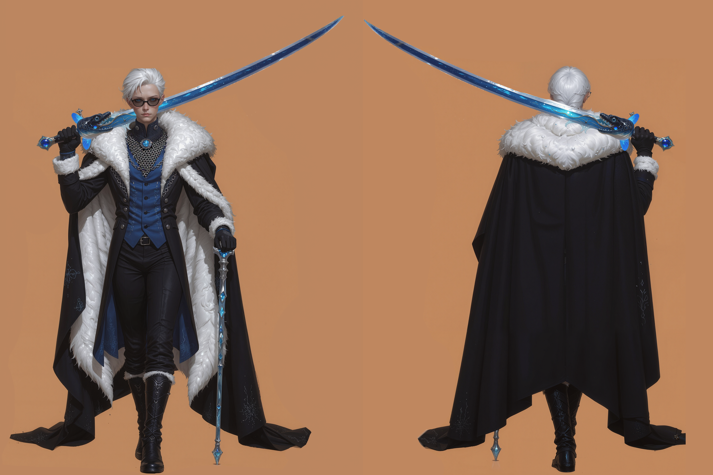 Person in fantasy warrior costume with white hair, sunglasses, holding a glowing blue sword, wearing a black and blue outfit with a long black cape, standing against a plain peach background, shown from front and back.