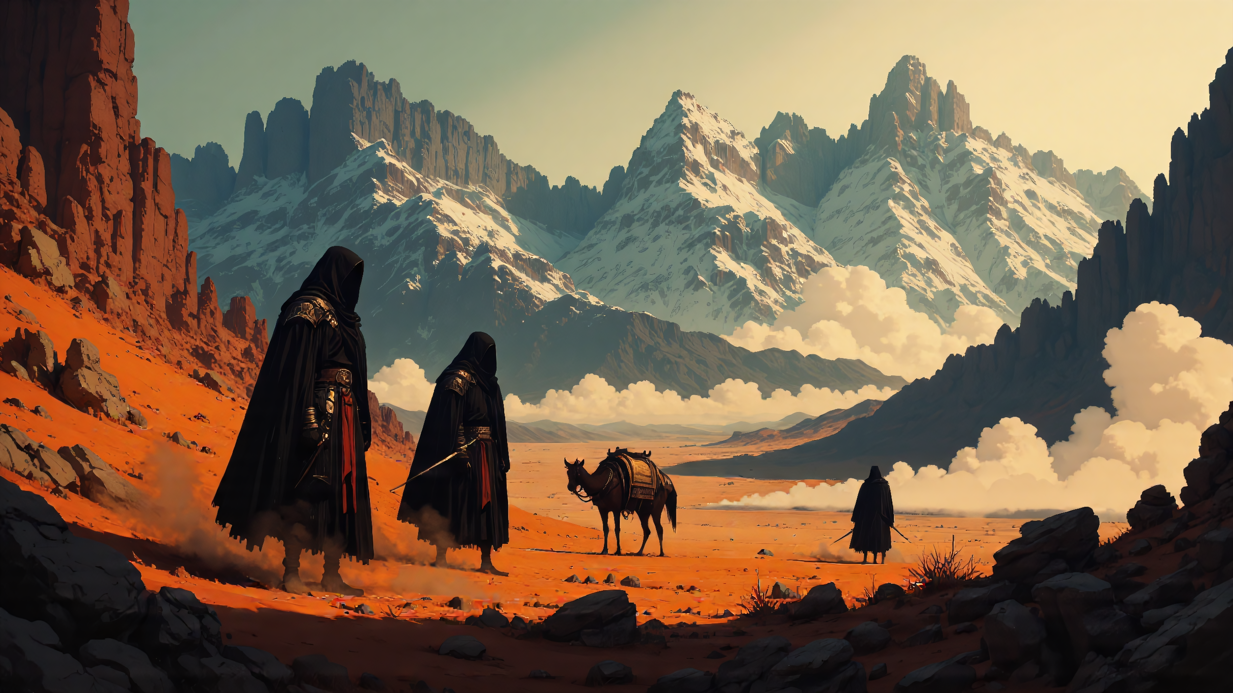 A digital painting of four cloaked figures, three walking and one standing alone, in a mountainous desert landscape with snow-capped peaks and clouds in the background. One figure is with a horse.