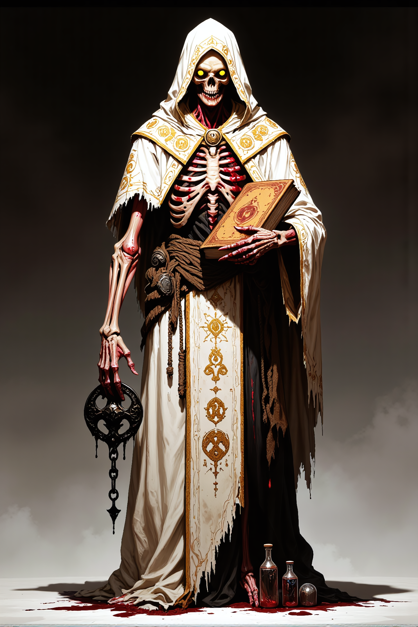 A skeleton dressed as a dark wizard with glowing eyes and a skull face, wearing a white and gold robe, holding a large book and a black pendant with chains, standing on a bloodstained surface with potion bottles at feet.