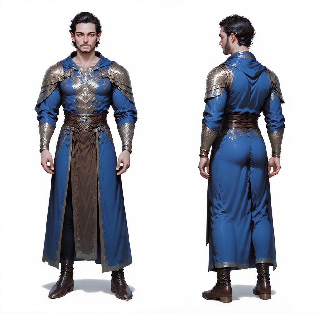 A man in medieval fantasy armor and clothing, blue and gold, standing facing forward and away on white background.