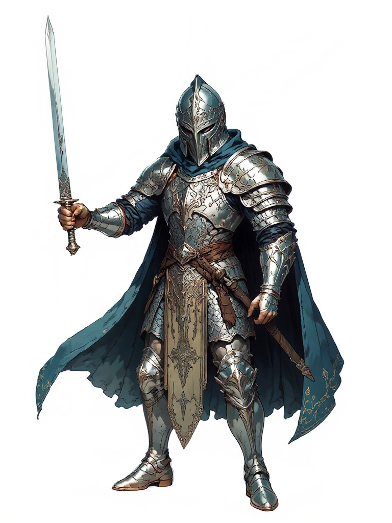 A digital illustration of a knight in shiny silver armor holding a sword, wearing a dark blue cape and helmet with a closed visor.