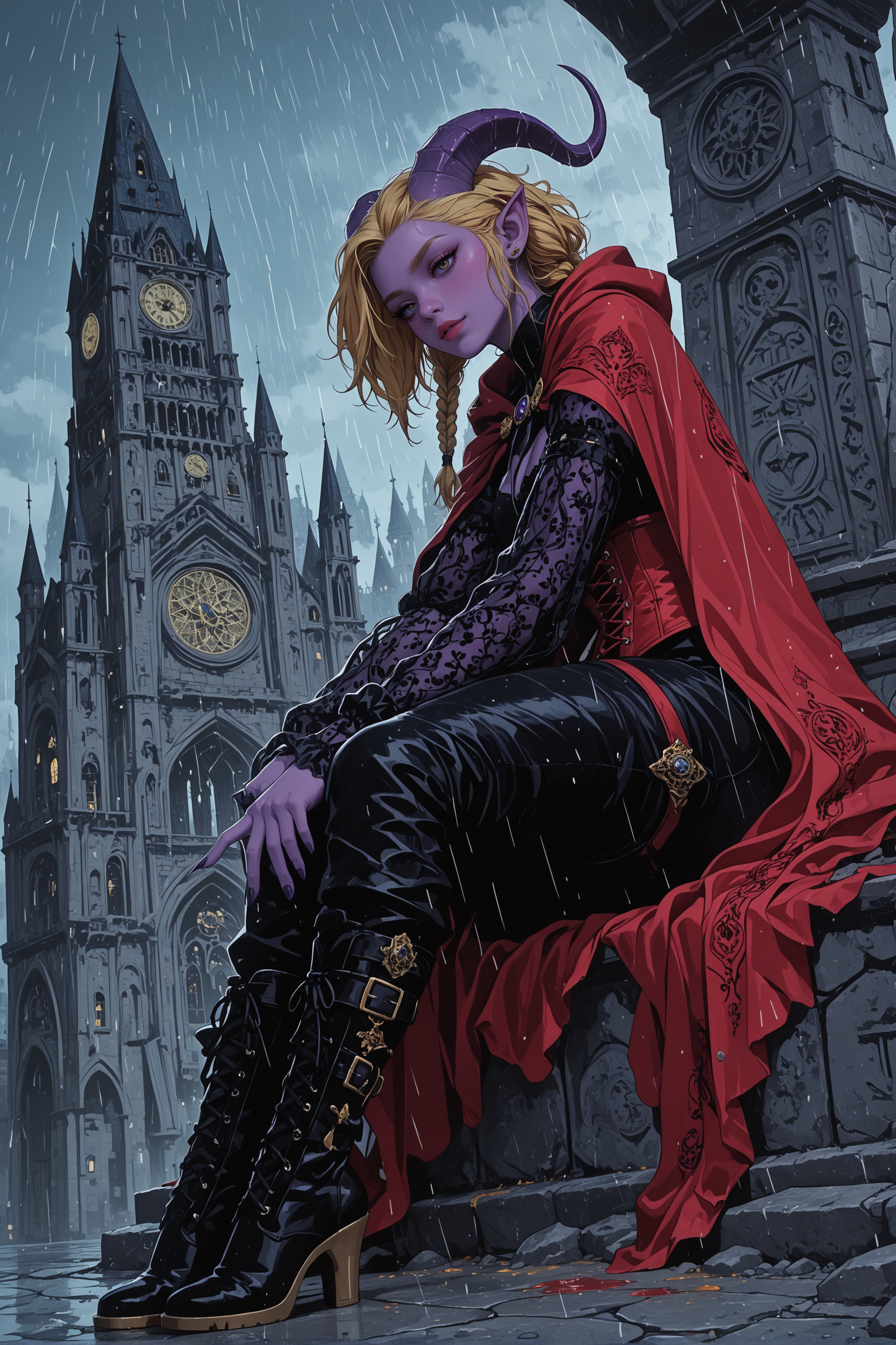 A fantasy illustration of a female demon sitting on cobblestones in front of Big Ben on a rainy night, wearing black leather boots, black lace top, red cape, and purple horns, with a gothic cityscape background.