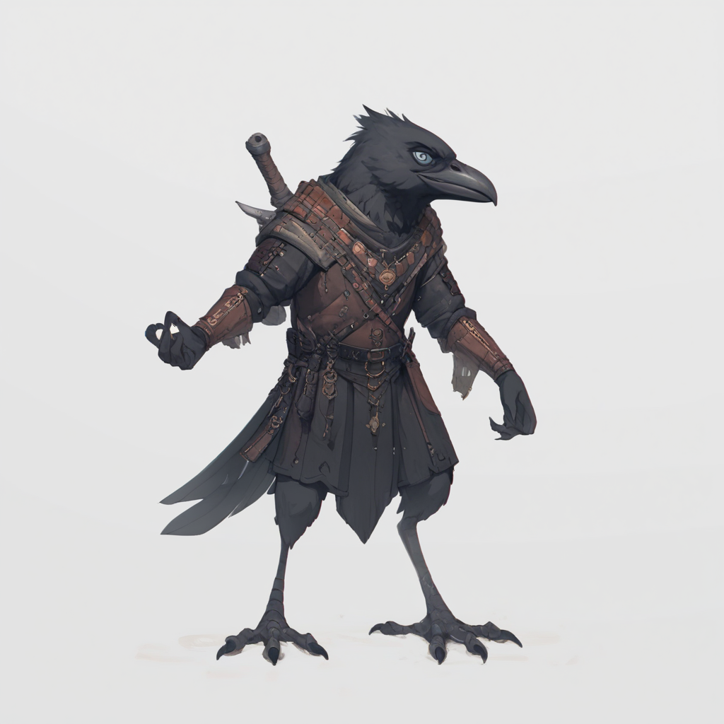 Fantasy character with a bird's head, wearing medieval armor and carrying a sword on the back.