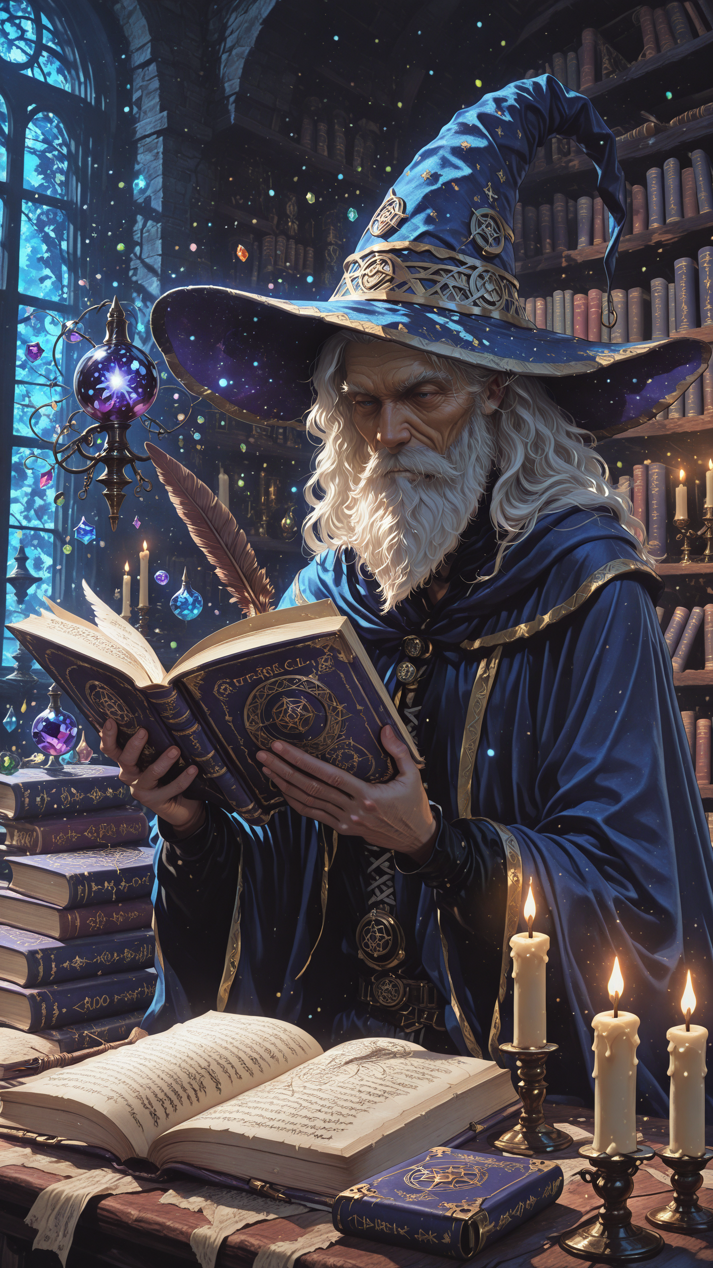 An elderly wizard with long white hair and beard, wearing a blue pointed hat and cloak, reads an ancient spellbook in a magical library filled with books, candles, and floating magical orbs.