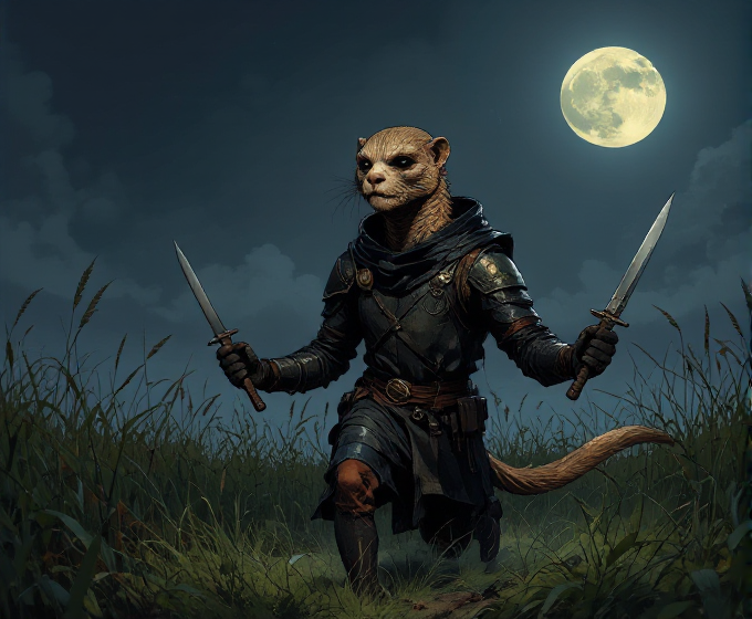 Anthropomorphic ferret warrior with knives in a grassy field under a full moon.