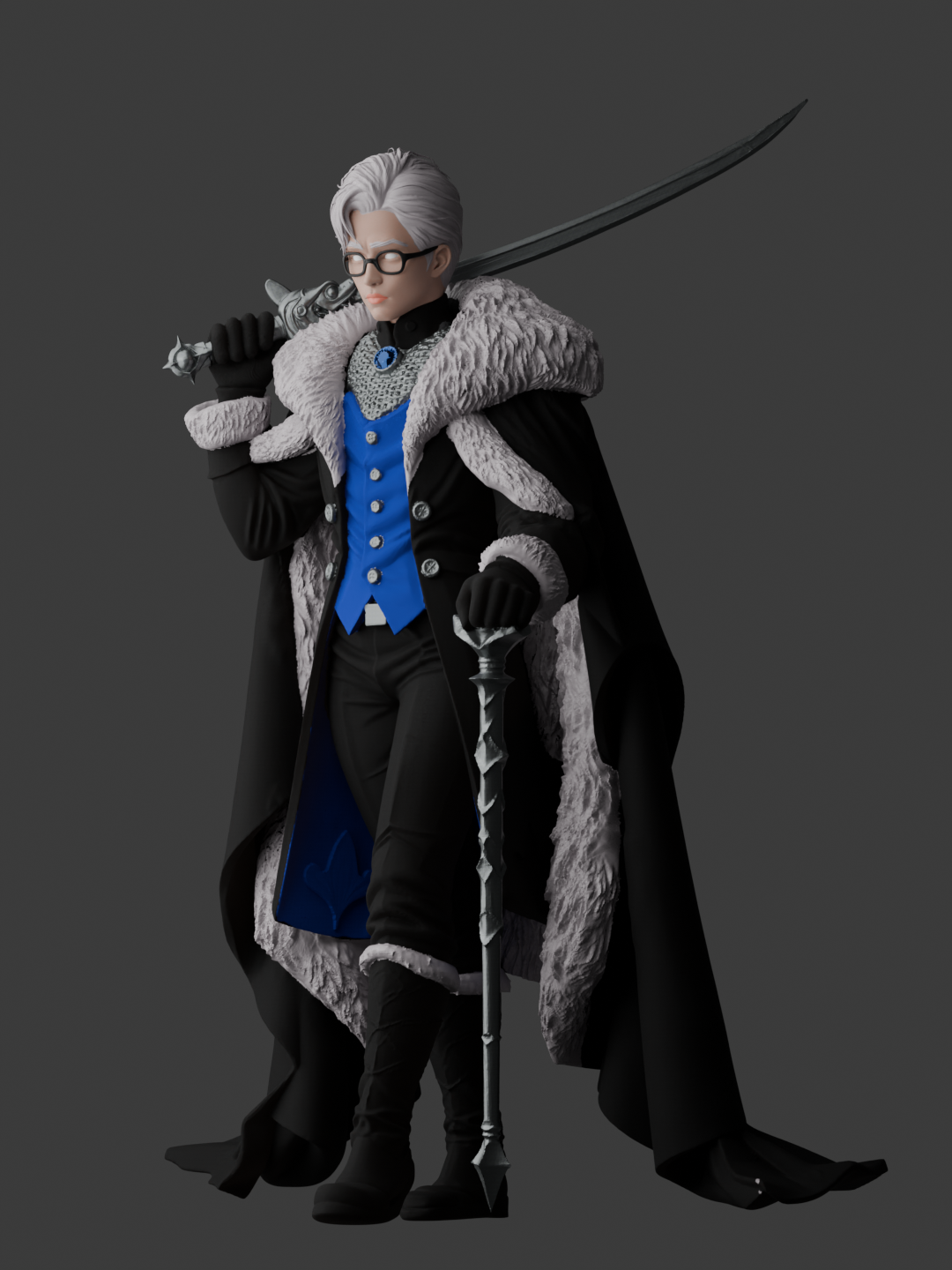 A figure of a person dressed in fantasy or medieval attire holding a sword over their shoulder, wearing glasses, a black coat with a fur-lined collar, and a cape, against a dark background.