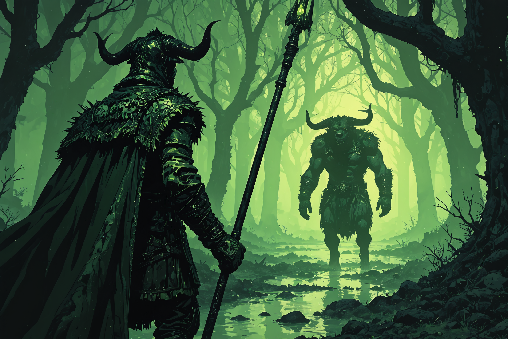 A fantasy scene with two armored warriors with horns, one holding a staff, confronting a large creature with horns in a green misty forest.