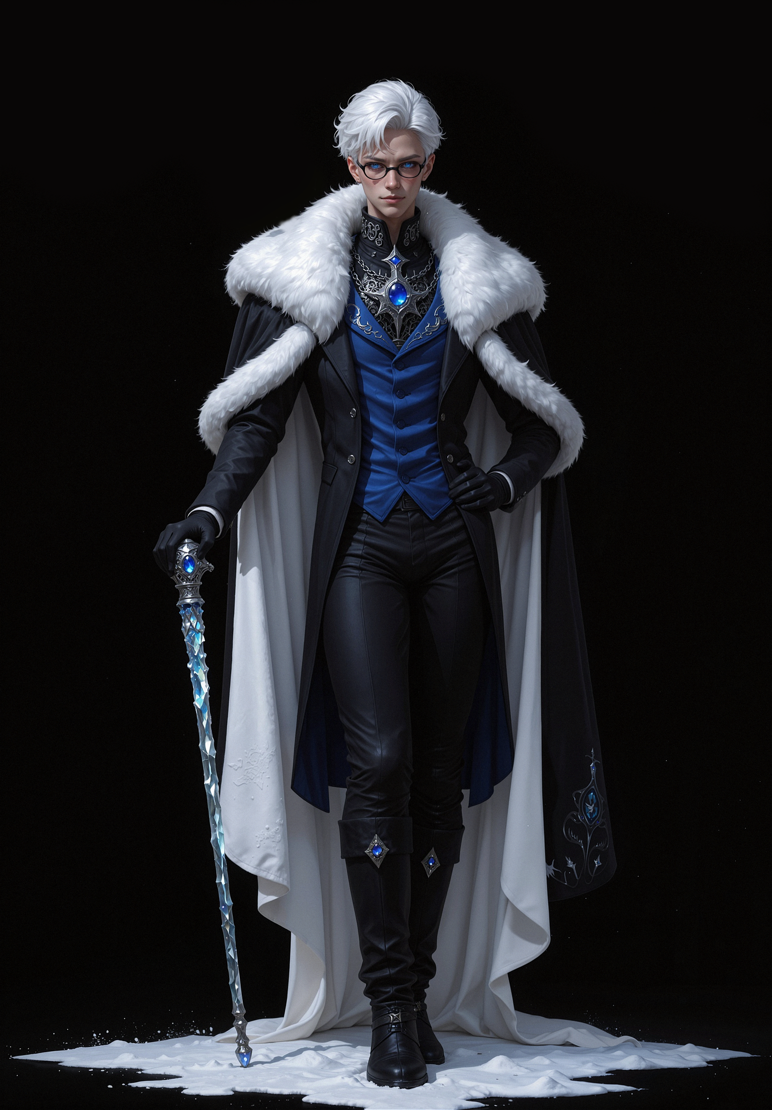 A person dressed in a fantasy-inspired costume with a long cloak, gloves, and boots, holding an ornate staff, standing on a snowy surface against a black background.