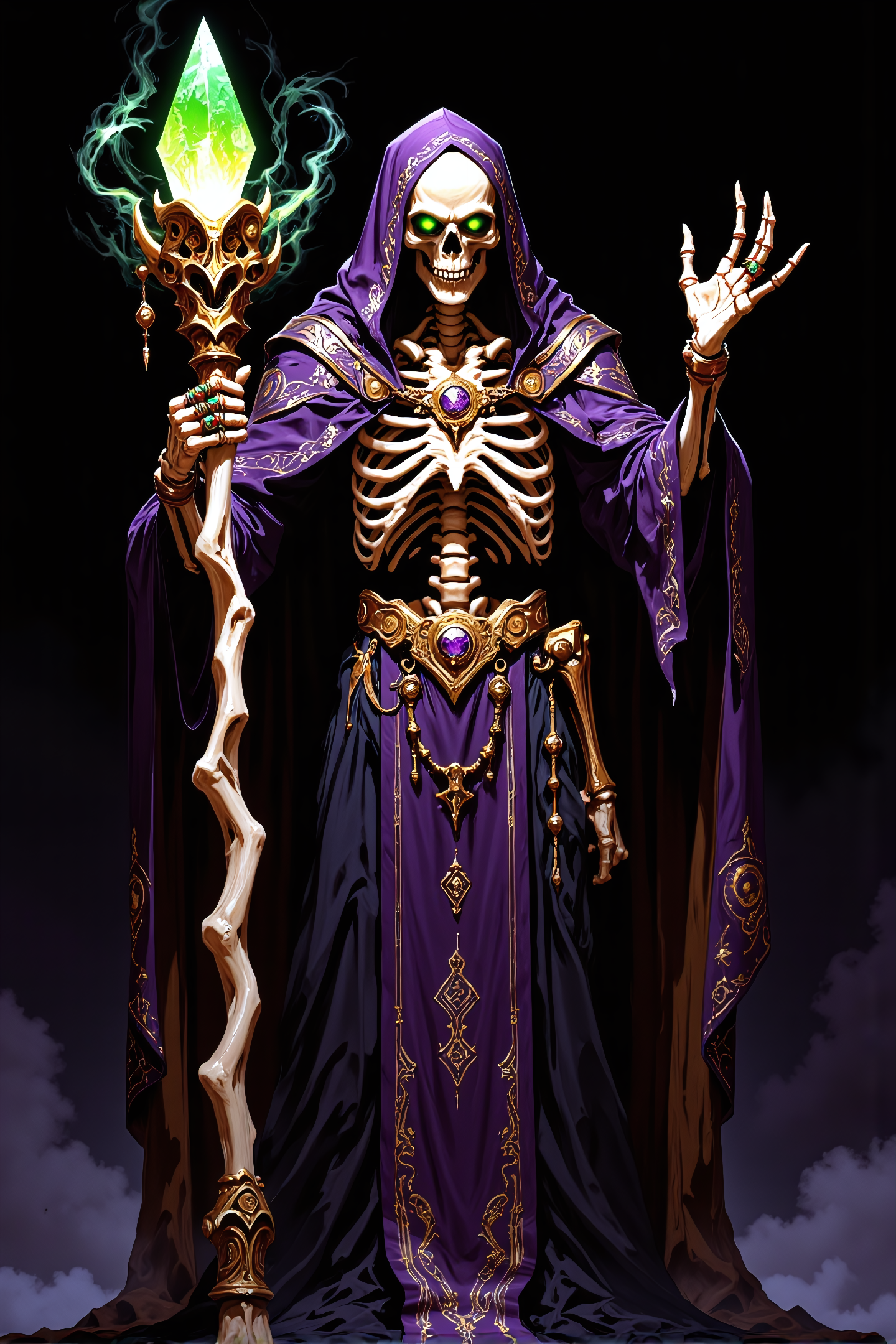 A skeleton dressed as a dark wizard or necromancer, wearing a purple hooded robe with gold detailing, holding a twisted staff with a glowing green crystal, and making a gesture with its outstretched right hand.