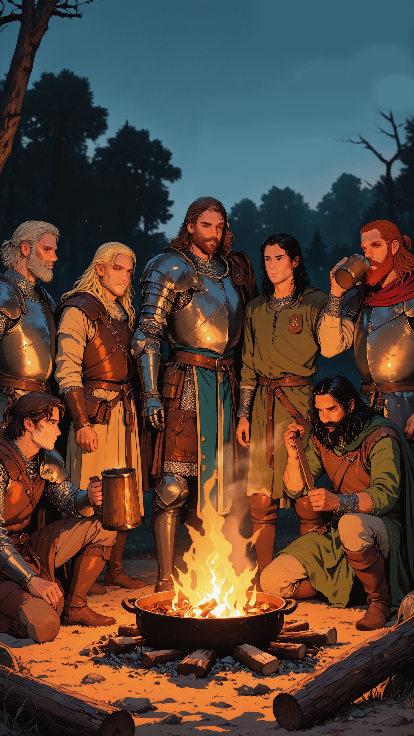 A group of medieval warriors sitting and standing around a campfire in a forest at night, wearing armor and medieval clothing.