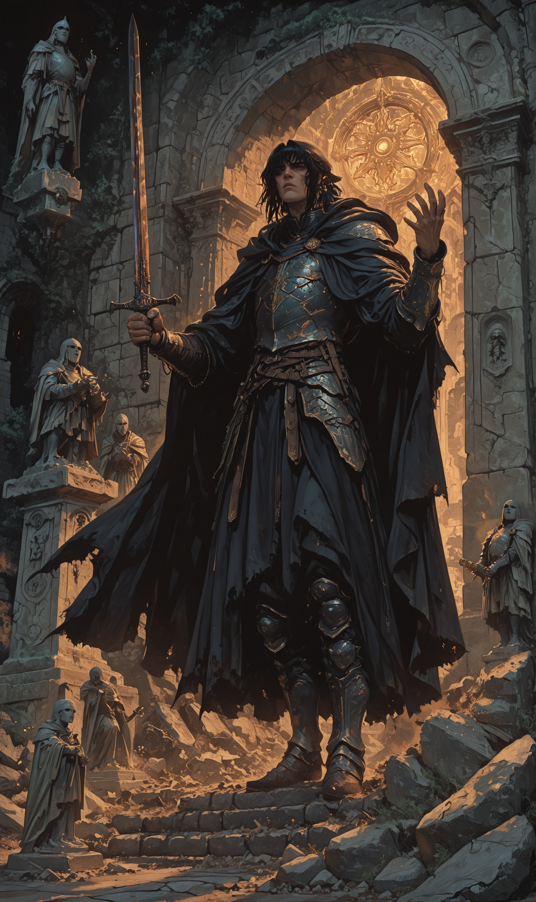 A dark armored figure with long dark hair holding a sword in his right hand, standing among ancient ruins with broken statues, glowing light behind him.