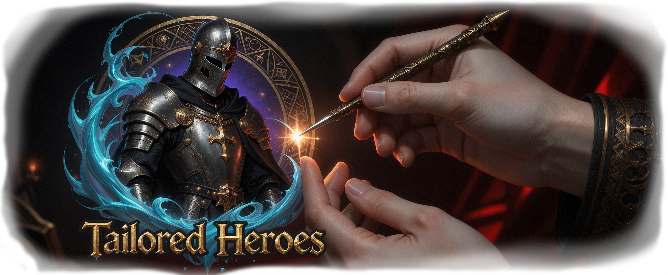 A digital artwork showing a knight in ornate black and gold armor with a cross on chest, surrounded by blue magical energy. A hand with intricate gold and black sleeve is using a golden stylus to draw or inscribe on the knight. Text reads 'Tailored Heroes' at the bottom.
