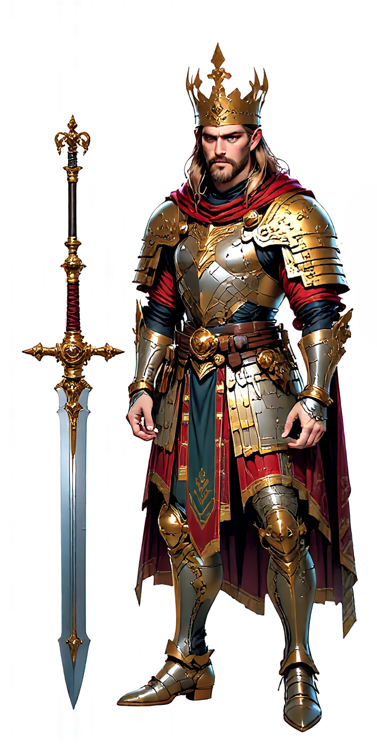 A man dressed as a medieval king warrior, wearing ornate gold and silver armor, a crown, and a red cloak, holding a large ornate sword.