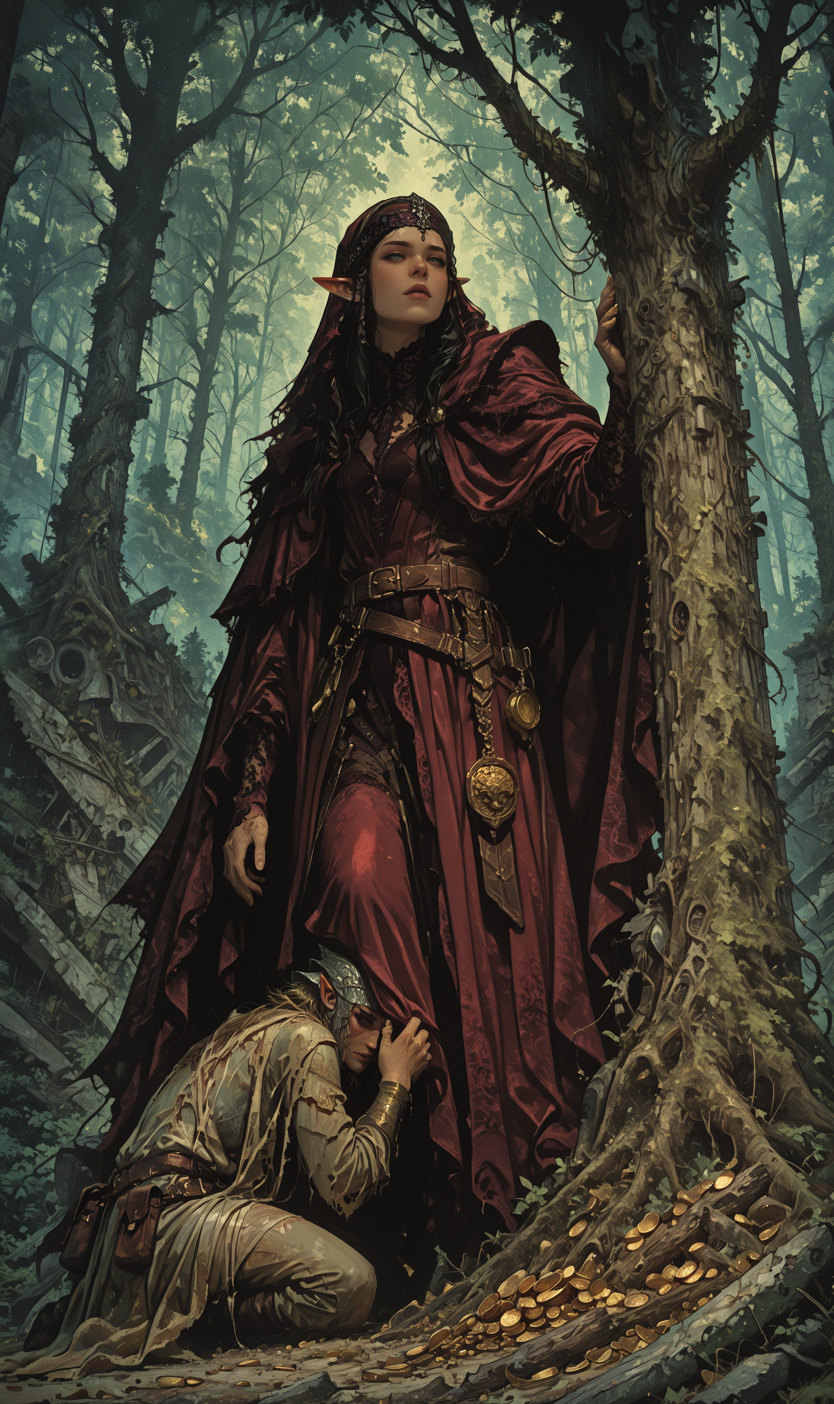 A fantasy illustration of a female elf dressed in red, standing in a forest, holding a tree, with a kneeling male elf beside her clutching his head in distress.