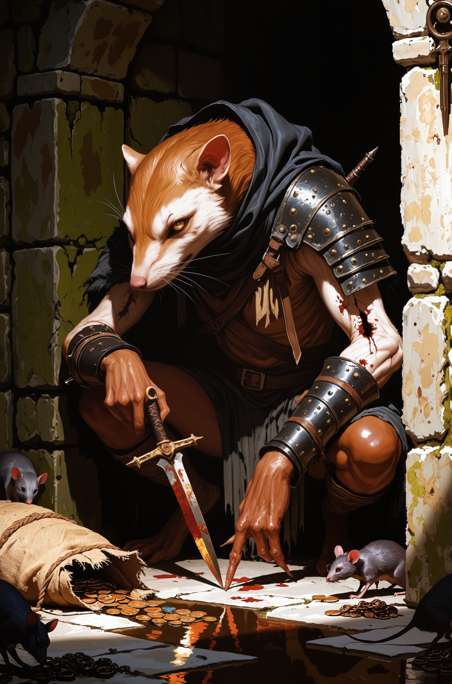 An anthropomorphic fox with a human body, wearing medieval armor and clothing, crouching in a dungeon setting, with mice and coins around, holding a bloodstained sword.