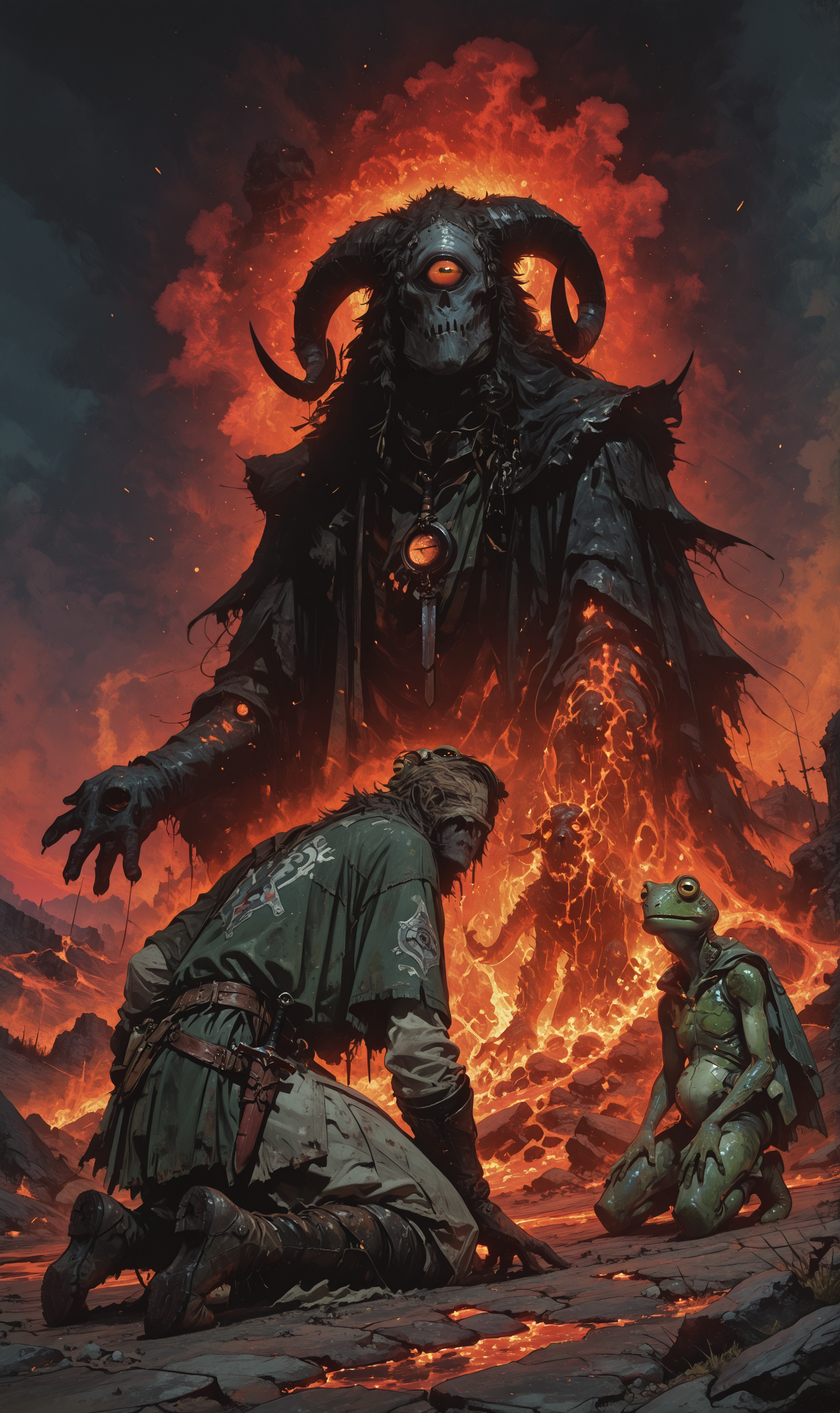 Fantasy scene depicting a large demonic figure with horns and a skull-like face, standing behind two kneeling characters, one resembling a human and the other an anthropomorphic frog. The background shows fiery, volcanic terrain with glowing lava and smoke.