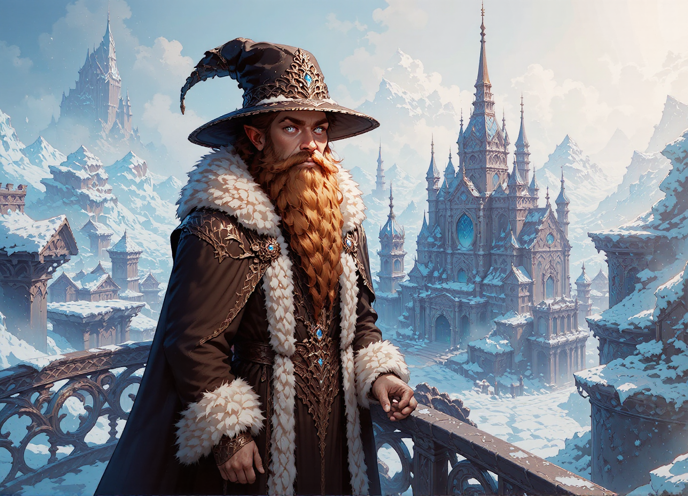 A fantasy illustration of a bearded man dressed as a wizard with a large, pointed hat and ornate robes, standing on a castle balcony overlooking snow-covered mountains and a castle in the distance.