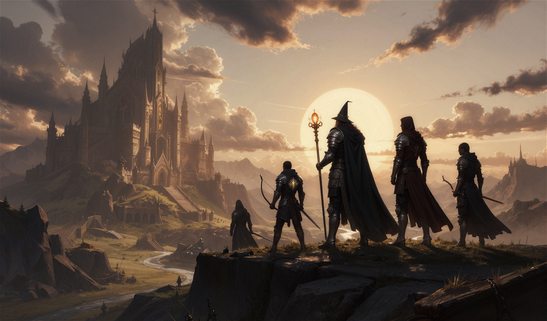 A fantasy scene of four armored adventurers with capes and weapons, including one wizard with a staff, walking on a rocky ledge toward a grand castle on a hill at sunset, with mountains, clouds, and a large glowing moon in the background.