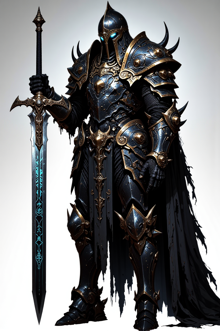 A person dressed in black and gold medieval-style armor with spikes, holding a large ornate sword, and wearing a helmet with glowing blue eyes, set against a plain gray background.
