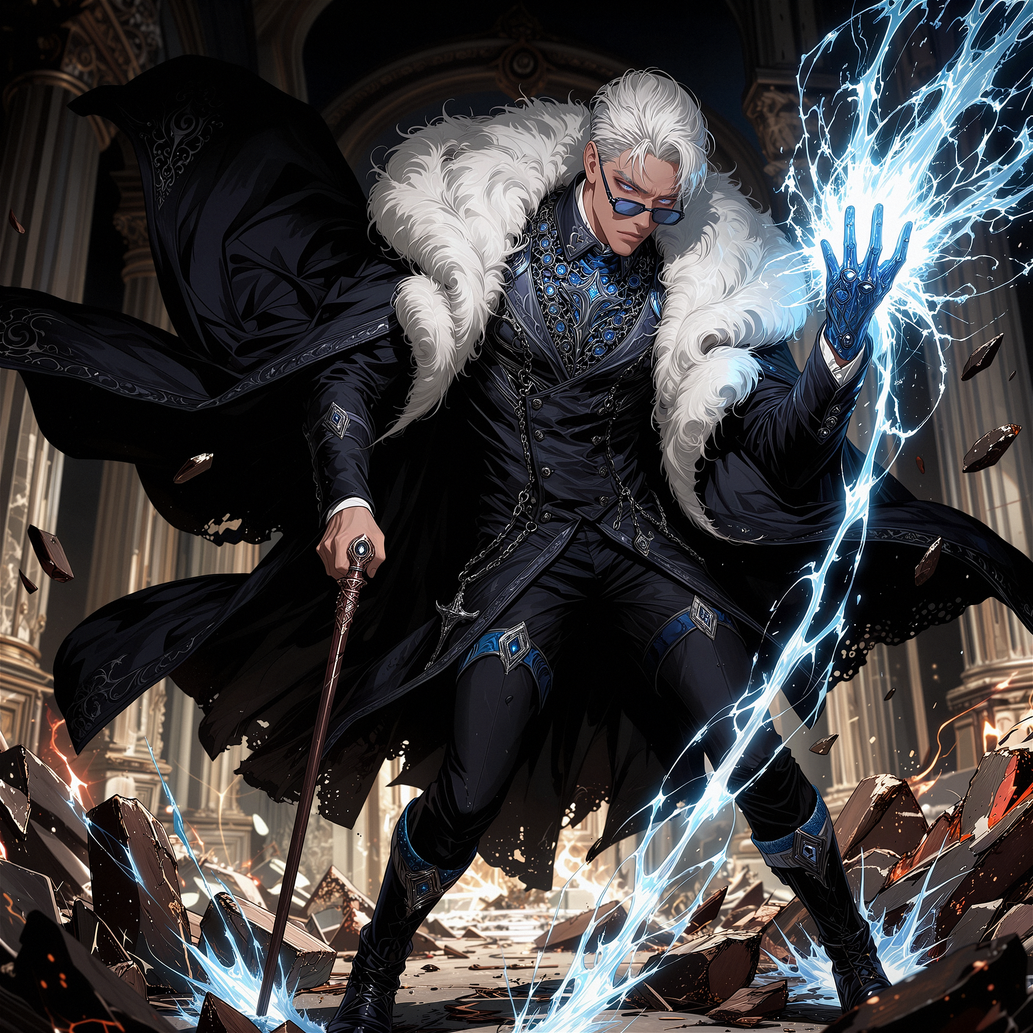A man with white hair and sunglasses wearing a black cloak with white fur trim and ornate blue jewelry, standing on rubble with lightning emanating from his hand in a grand, ruined building with tall columns.