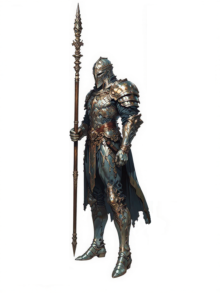 A fantasy armored knight with a spear, wearing detailed metallic armor and a cape, standing against a plain white background.