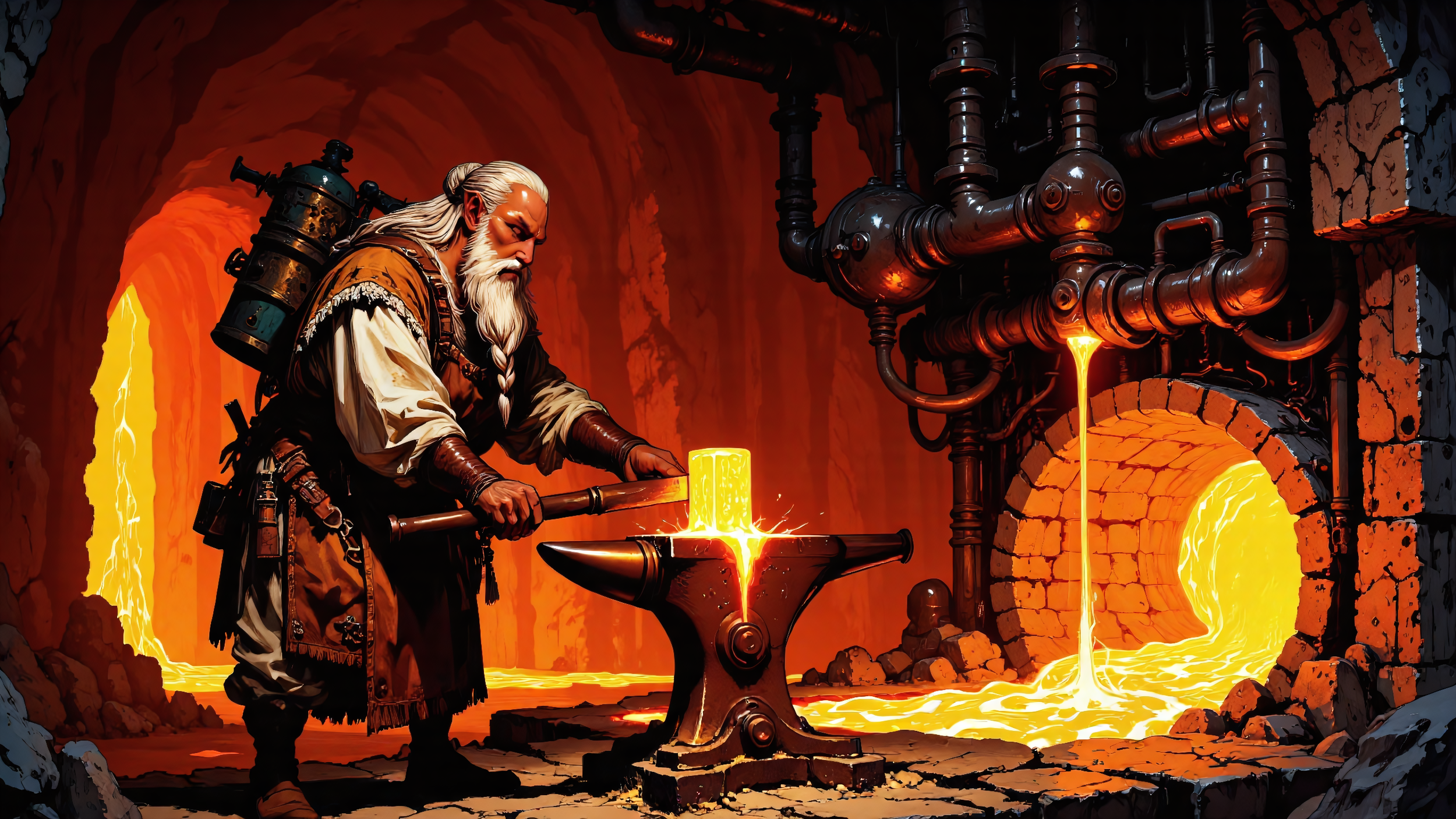 A dwarf blacksmith with long white hair and beard, wearing traditional clothing, working at an anvil in a fiery forge with molten metal pouring from a large pipe.