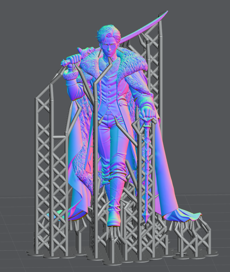 A 3D-rendered model of a person with glasses and styled hair, dressed in vintage clothing including a fur-lined coat, standing on a structure made of metal scaffolding and holding a sword.