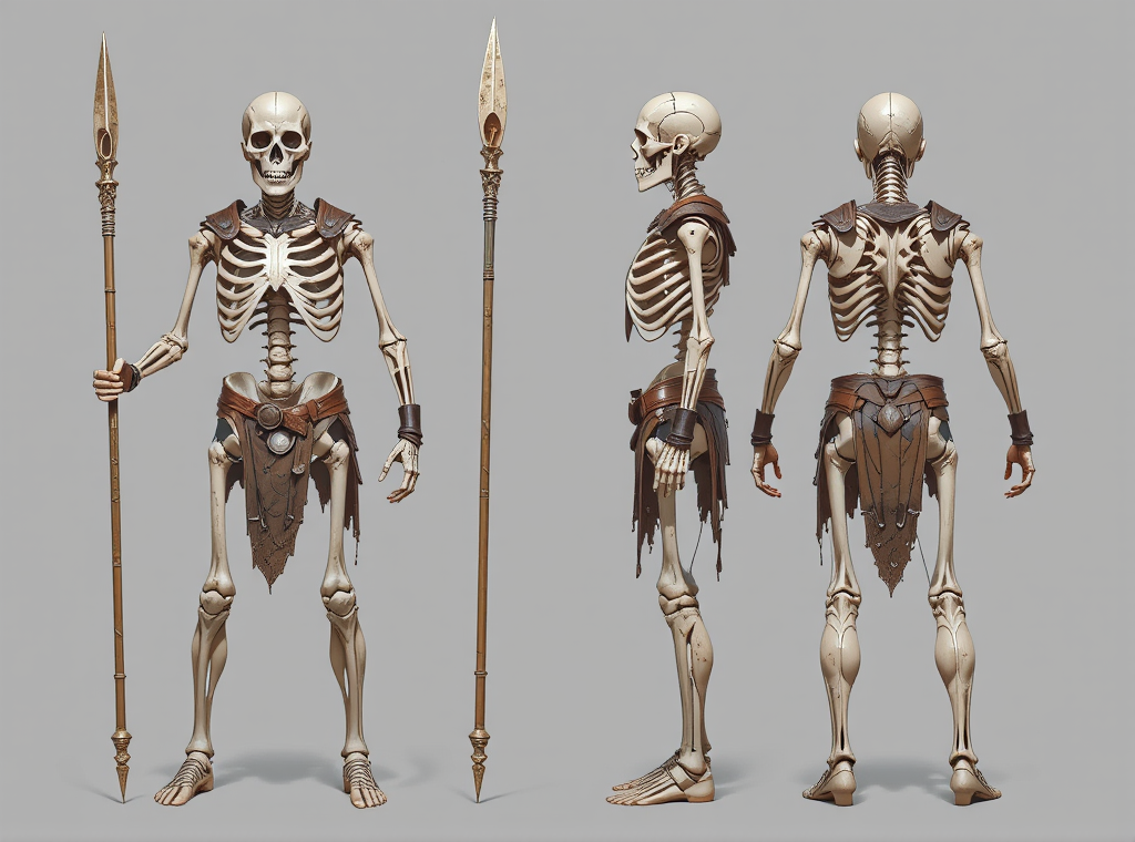 A detailed skeleton warrior model with armor, holding a spear, presented from front, side, and back views against a plain background.