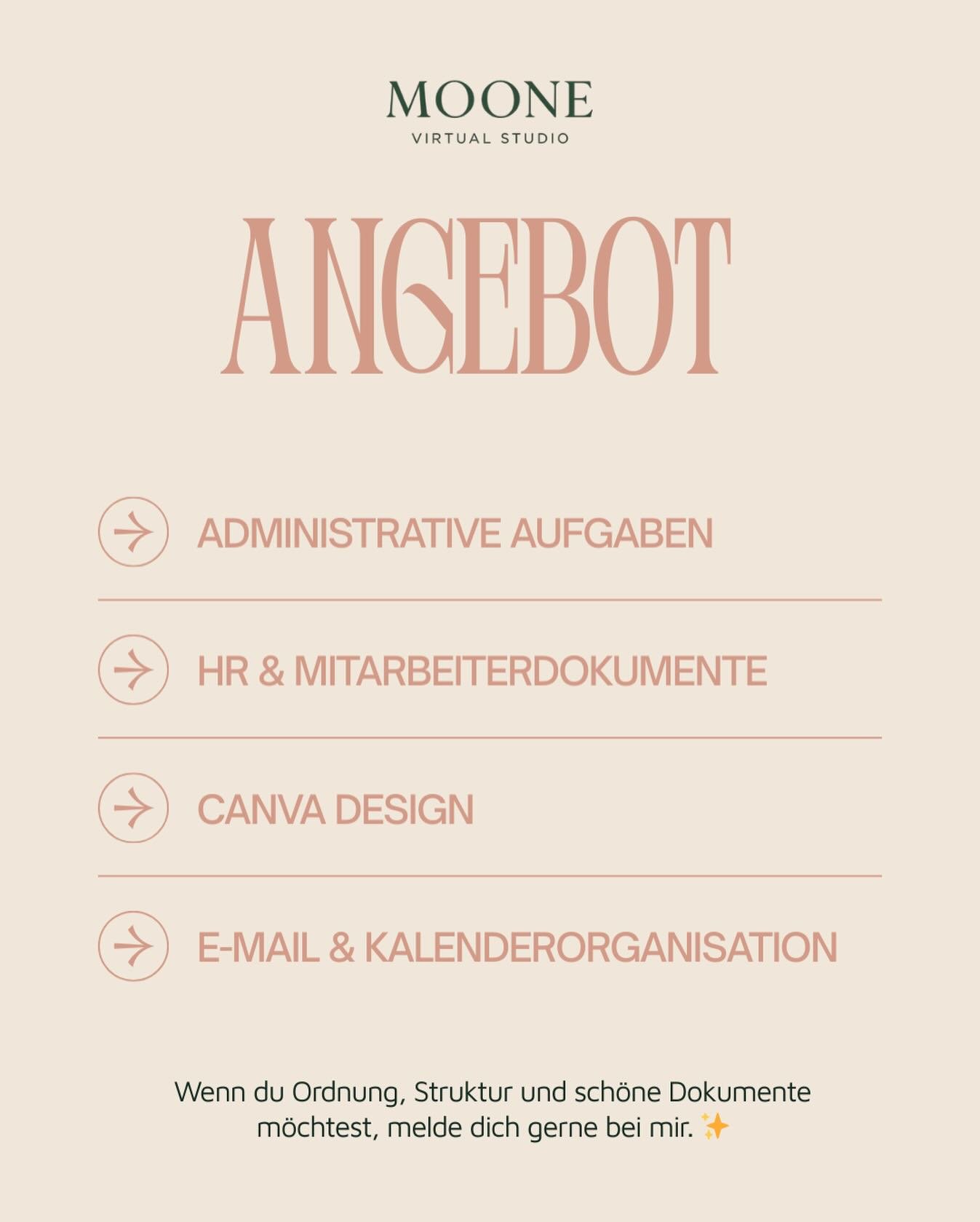 Administrative Unterst&uuml;tzung | HR | Organisation

Ich bringe Struktur, Klarheit und Ruhe in dein Business &ndash; mit zuverl&auml;ssiger administrativer Unterst&uuml;tzung und sauber organisierten Prozessen.

💻 Remote
⏱ Abrechnung pro Stunde od